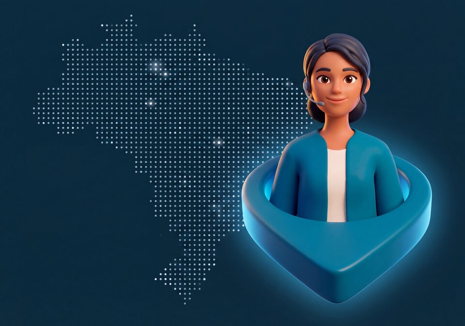 Elza, atendente virtual do Localizador de Advogados, dentro de um pin de localização sobre o mapa do Brasil